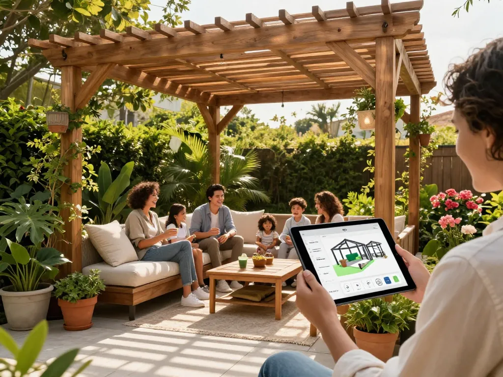 3D pergola configurator in an outdoor living space showcasing a stylish pergola design amidst vibrant greenery.