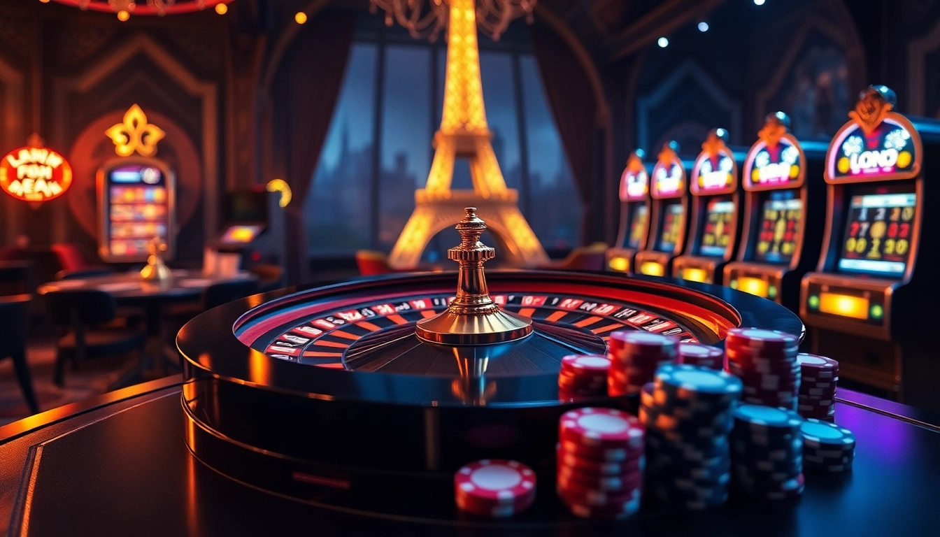 Scène captivante d'un casino en ligne Français avec une roue de roulette vibrante et des jetons de poker.