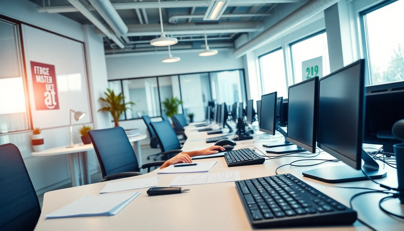 Efficient typist at a modern typing center, immersed in work within a professional office.