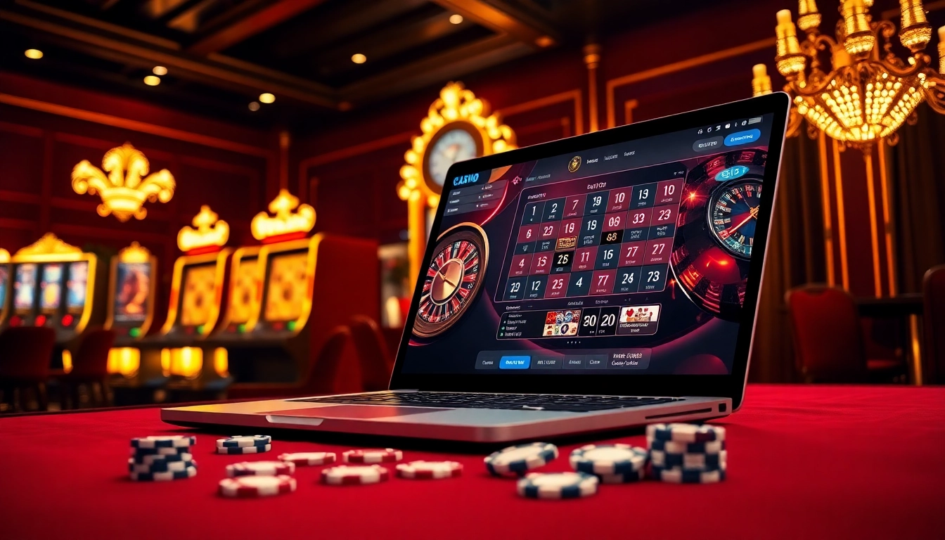 Atmosphère de jeu en ligne excitante avec des éléments de casino en ligne Français, mettant en avant la roulette et le poker.