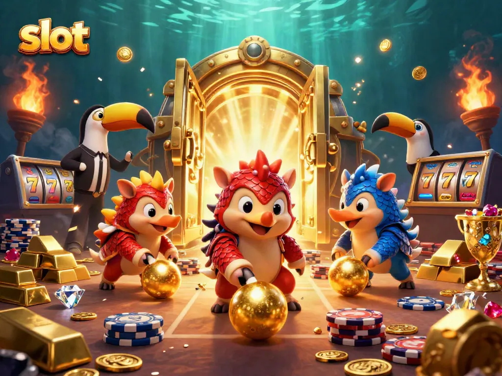 Spin slots with a dynamic scene featuring pangolins and golden treasures, capturing the thrill of casino gaming.
