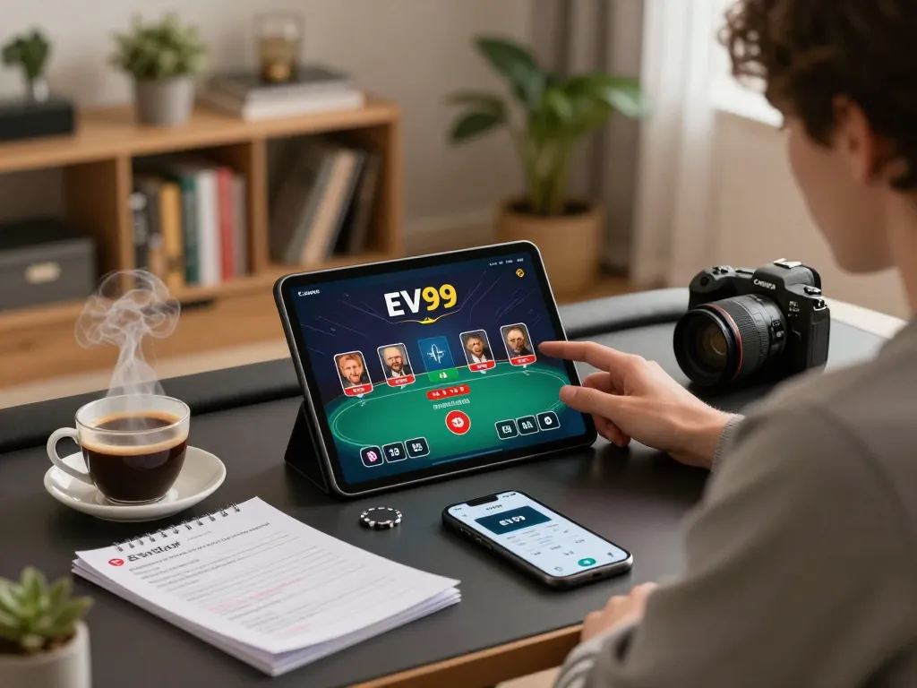 Engage in strategic EV99 bet gameplay on a sleek tablet in a cozy home setting.