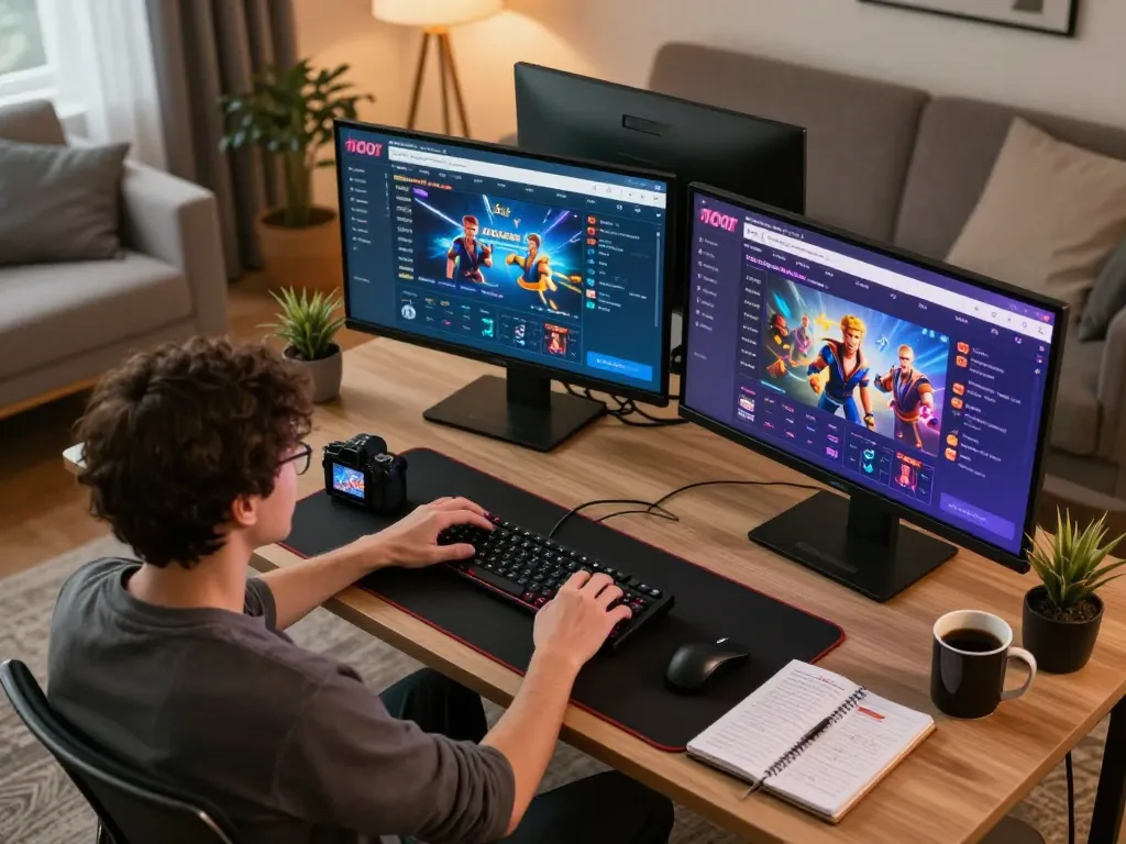 Berkhidmat dengan permainan dalam talian 100cuci.net di setup rumah moden, memaparkan permainan yang bertanggungjawab.
