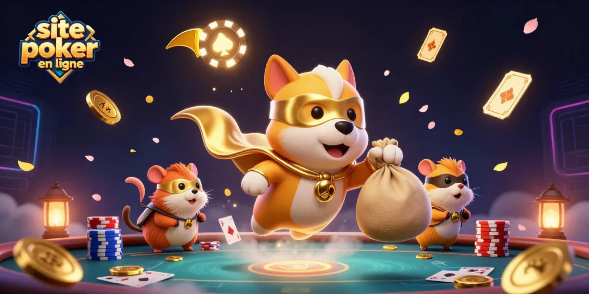 Jouez sur un site poker en ligne avec des personnages animés de chiens super-héros et des éléments de carte dynamiques.
