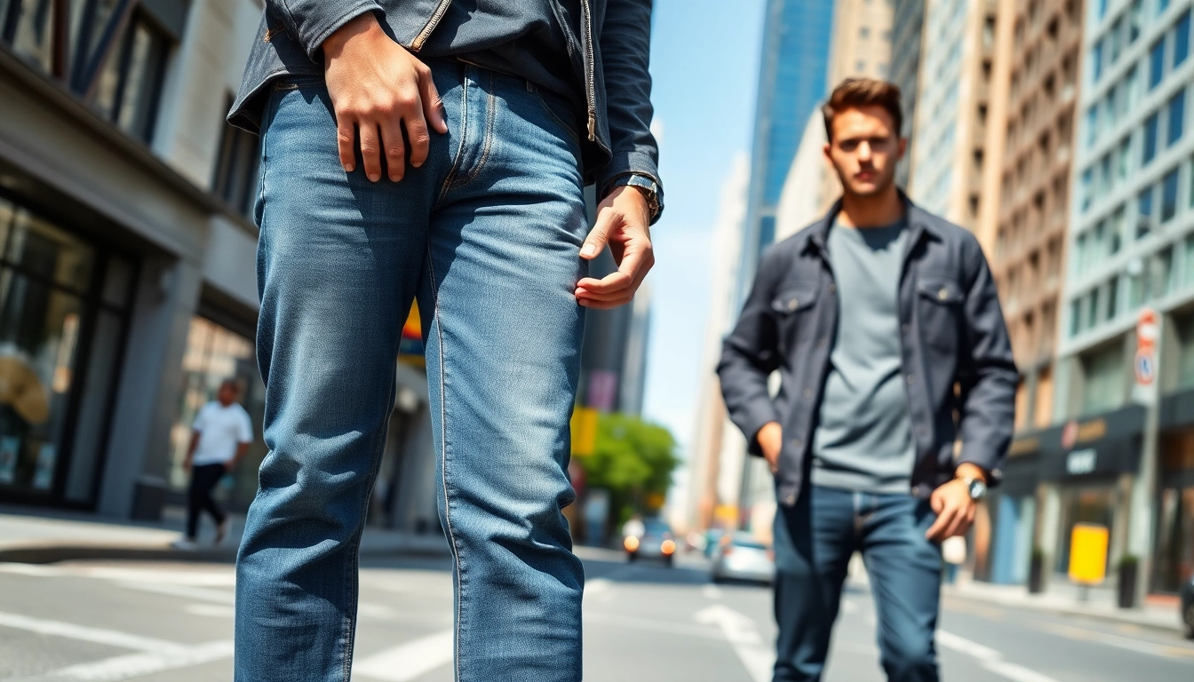 Stylish model showcasing mens modern fit jeans in a lively urban setting.