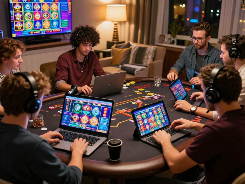 Engaging scene of diverse players enjoying a european online casino for UK players in a cozy home environment with vibrant graphics.