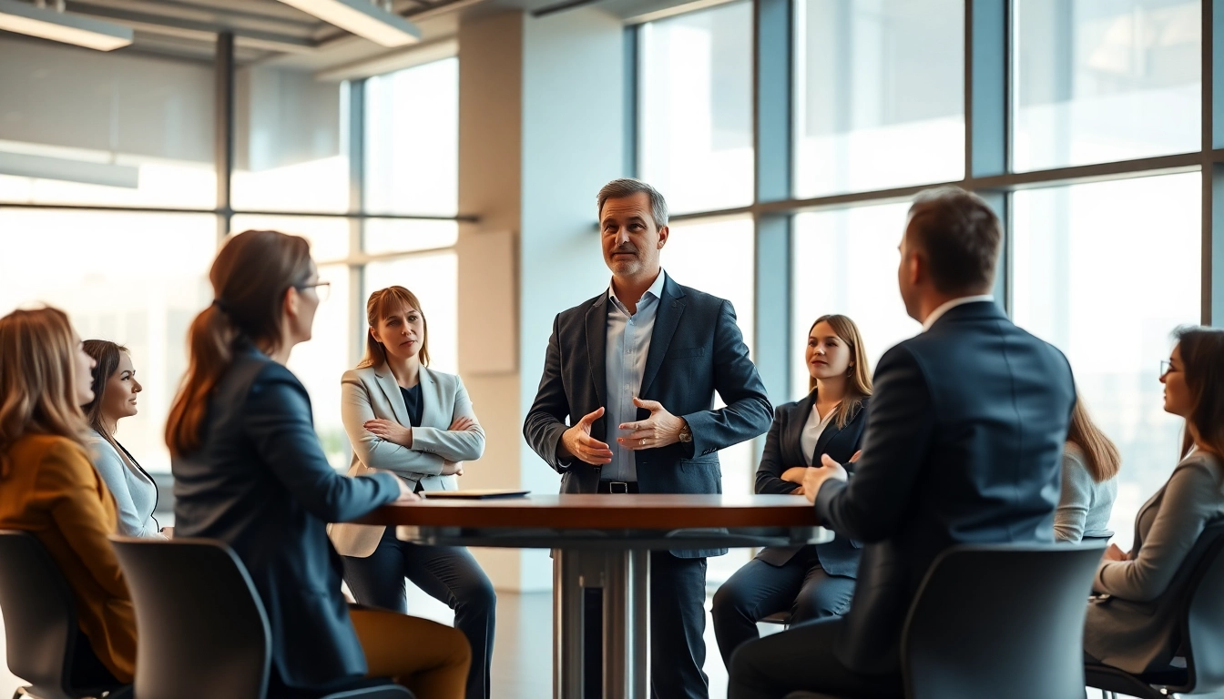 Corporate coach leading an engaging session with professionals, fostering collaboration and growth.