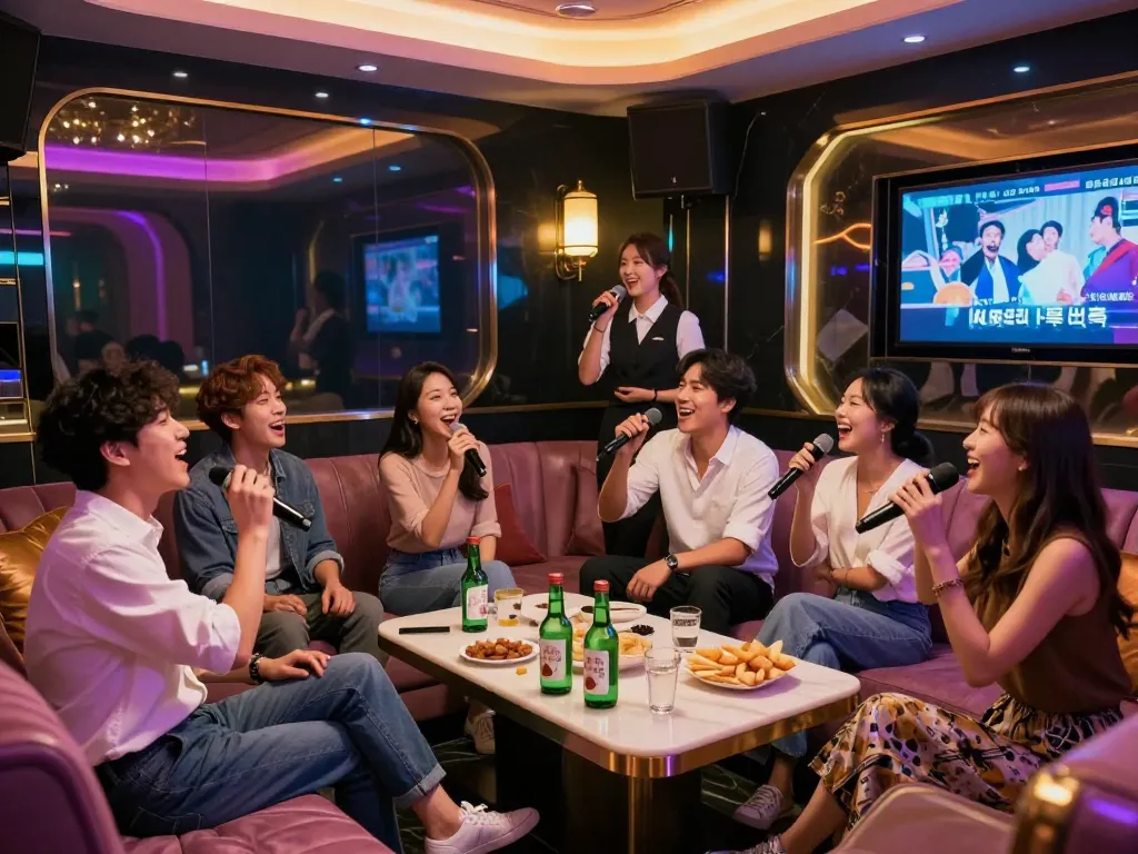 음료와 친구들과 함께 럭셔리한 노래방 세팅에서의 흥미로운 밤문화 경험, 인천쓰리노에서.