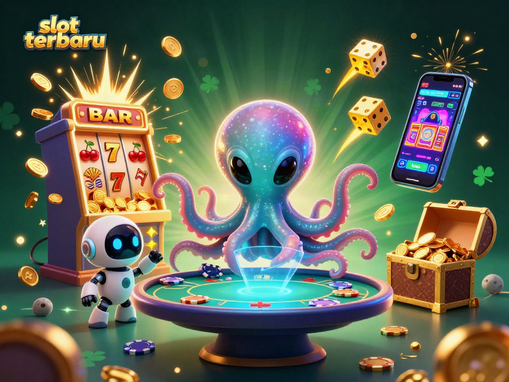 Play thrilling slot terbaru with this exciting 3D illustration featuring colorful slots, poker elements, and dynamic energy.