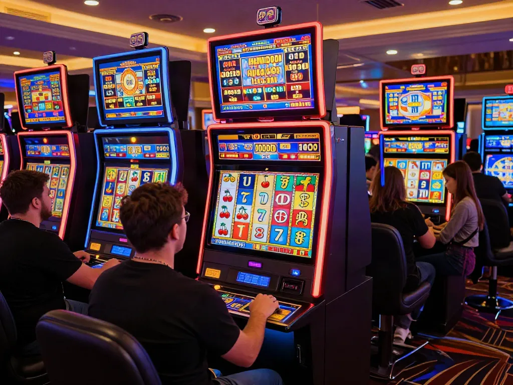 Pengalaman bermain slot777 di kasino online dengan mesin slot berwarna-warni dan suasana penuh semangat.