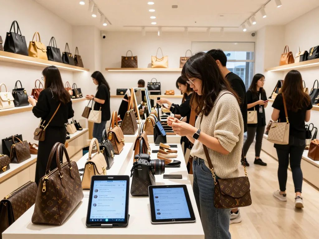 Engaging shopping experience at a 레플리카 쇼핑몰 showcasing stylish luxury replica handbags and shoes.