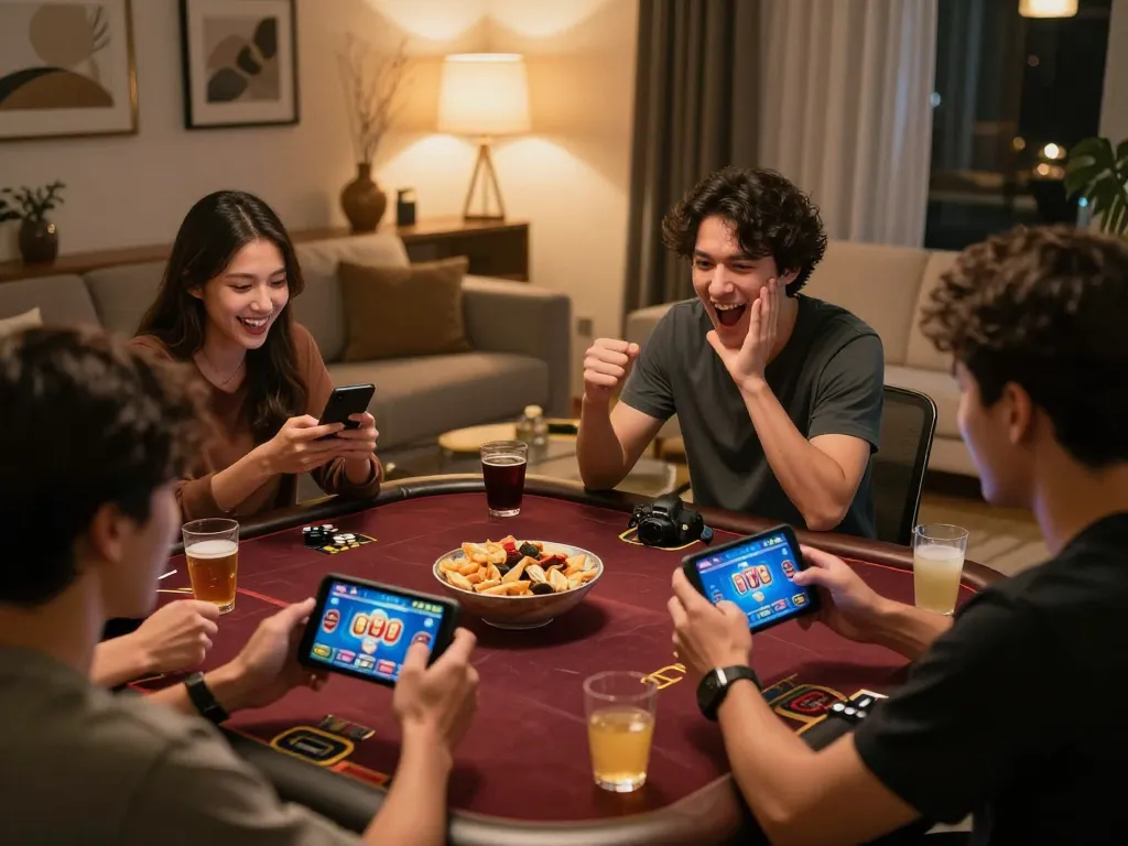 Players engaging with alexis77 mobile casino app, celebrating a winning moment in a cozy living room.