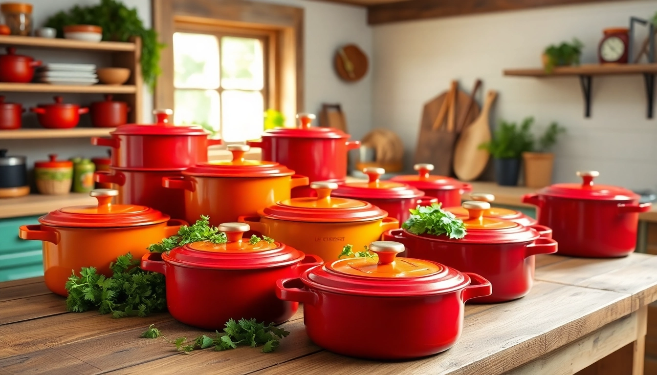 Beautiful Le Creuset NZ cookware collection showcased attractively on a wooden countertop.