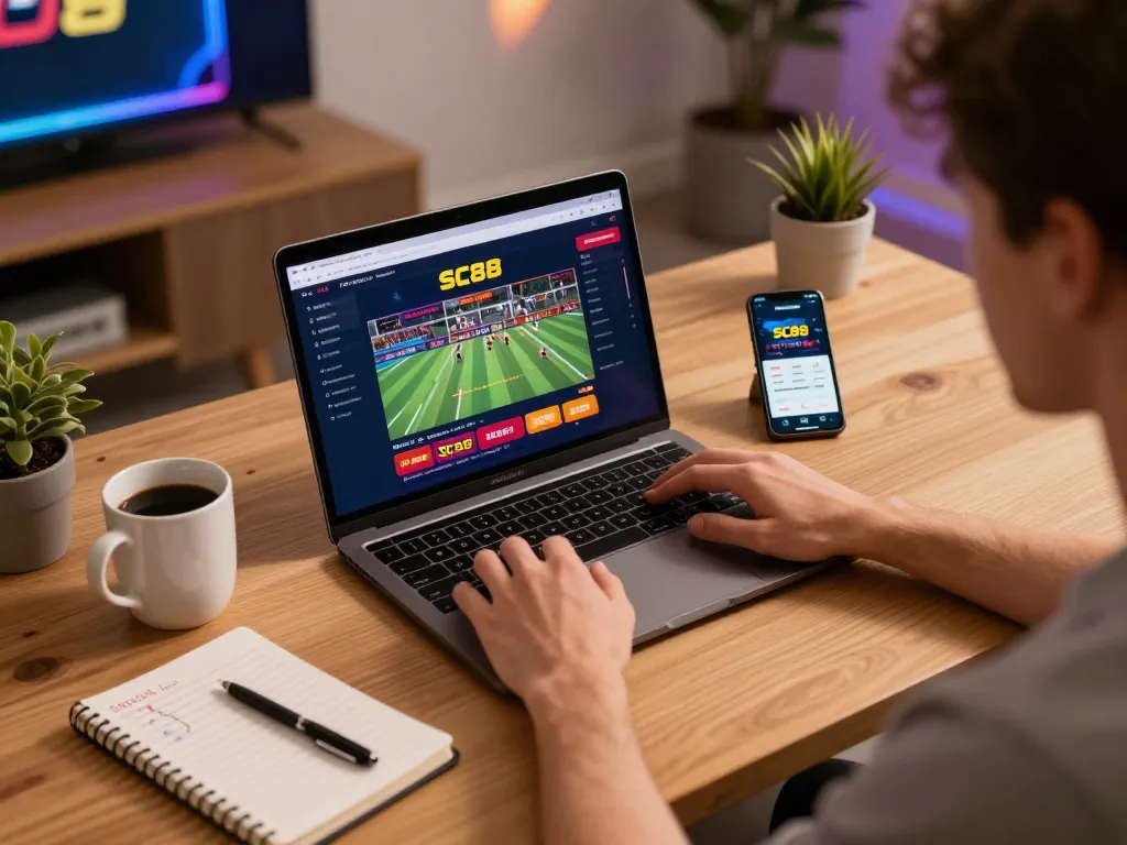 SC88 user strategically analyzing online casino games on laptop during home gaming