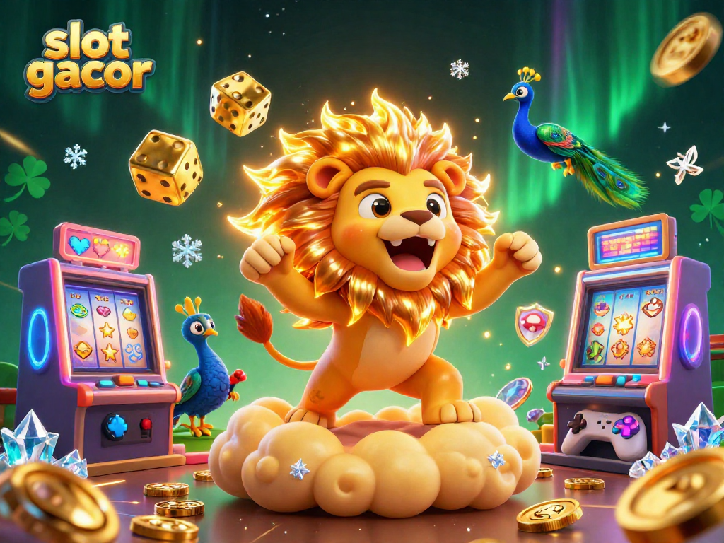 Experience the excitement of slot gacor in this vibrant casino scene with colorful slot machines and lucky charm elements.