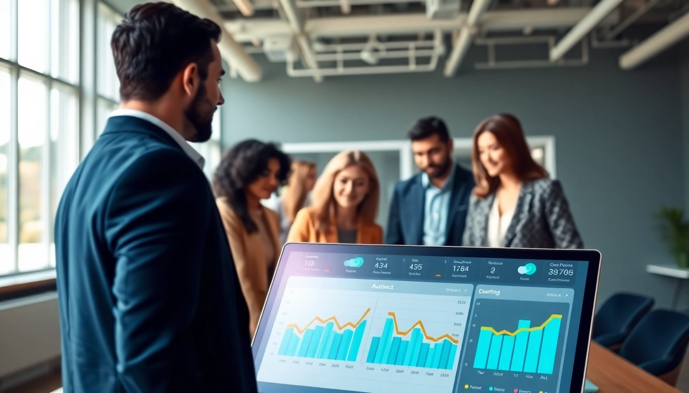 Showcasing assistant for enterprise in a collaborative office environment with digital tools.