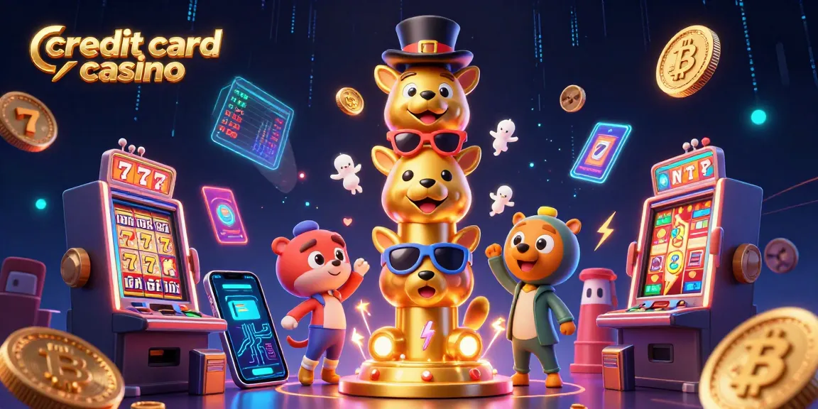 Engage with the vibrant credit card casino scene featuring golden totem, slots, and neon coins.