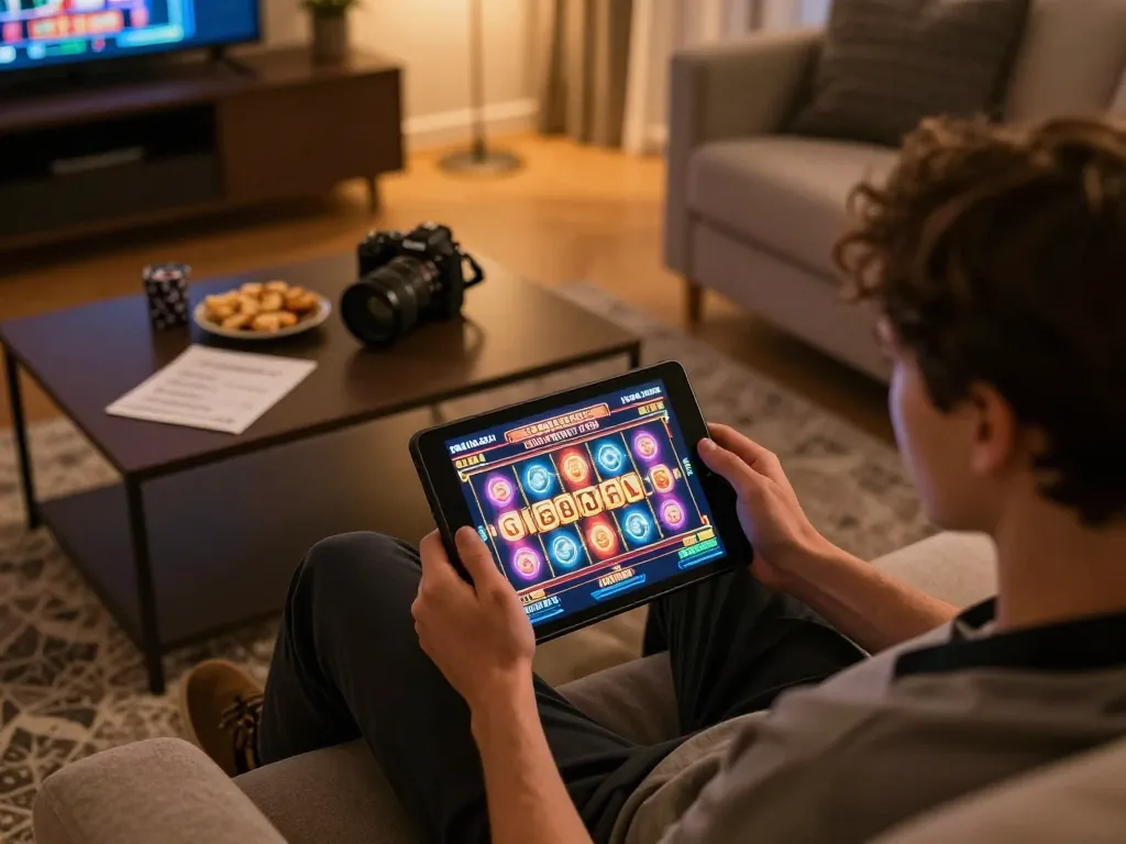 Engaged player enjoying casino non aams europei gaming on tablet in a cozy home setting.