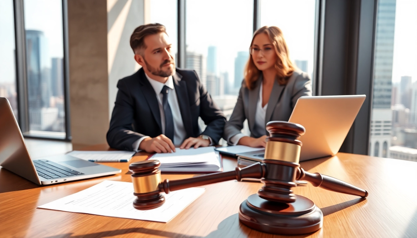 Real estate lawyer consulting with a client in a professional office setting.