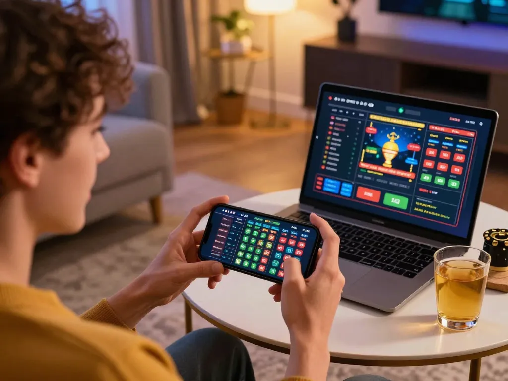 Engaging moment of sports betting with the keyword sc88 nhà cái on smartphone in a cozy home setting.