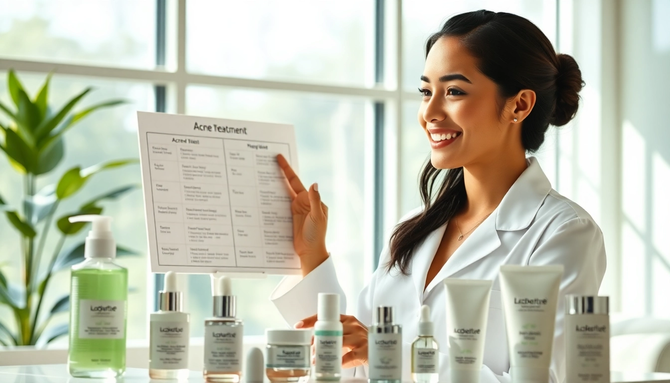 Skincare expert sharing insights on effective acne treattreatment solutions with products present.