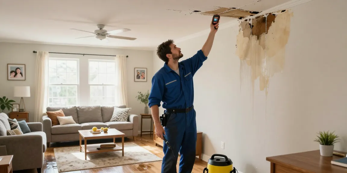 Professional inspecting water damage restoration process in a cozy living room