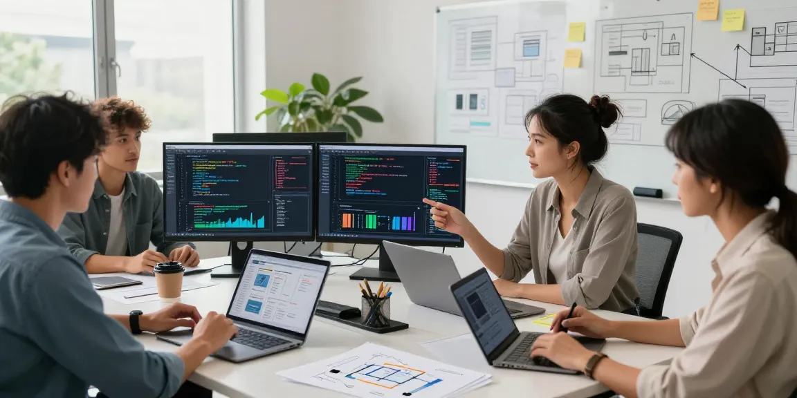 Custom CRM Development Services team collaborating in a modern office space, showcasing innovative design and teamwork.