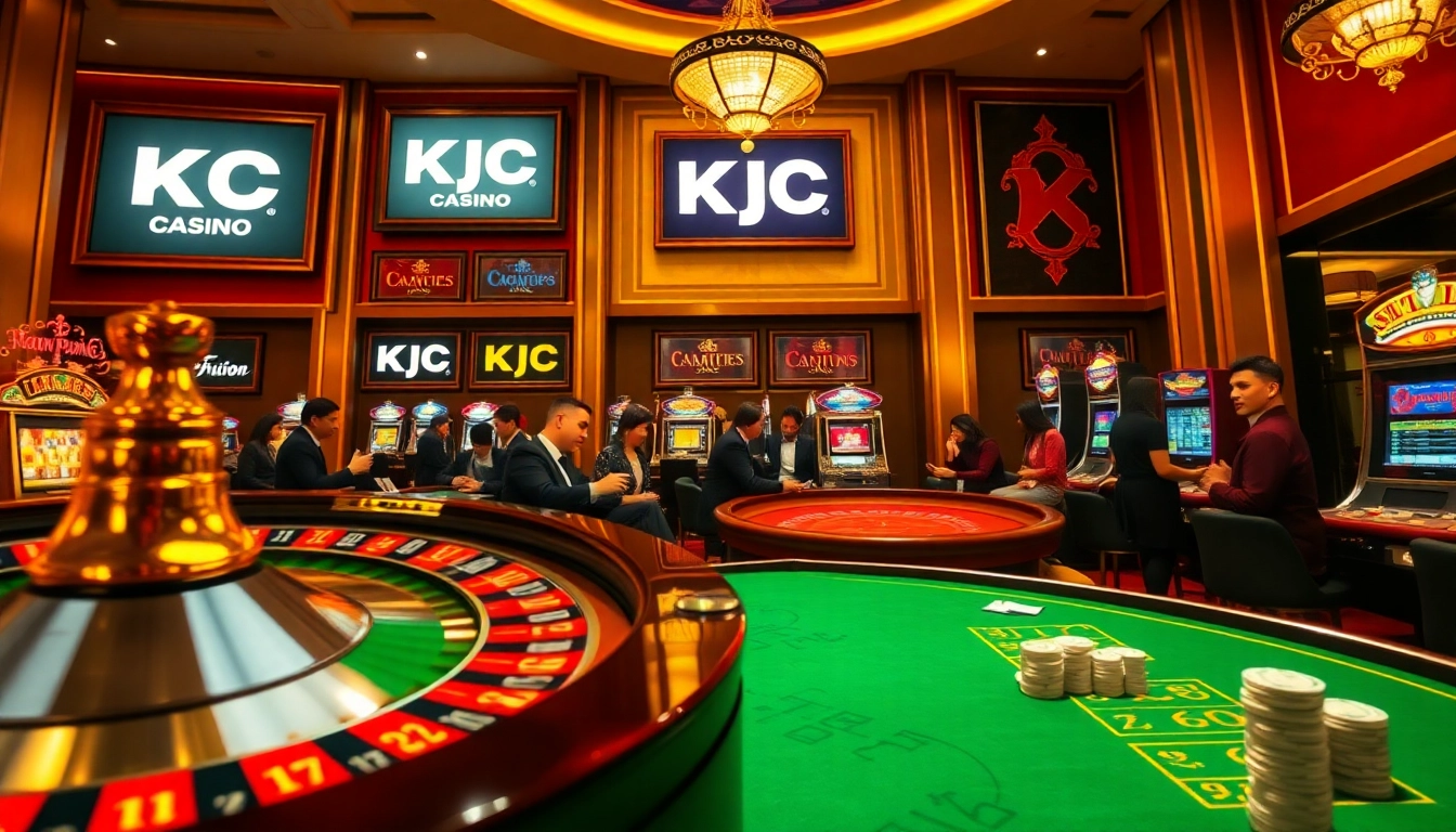 Excited players at a luxury casino engage with games, highlighting https://www.kjc.global/ branding through vibrant chip and card action.