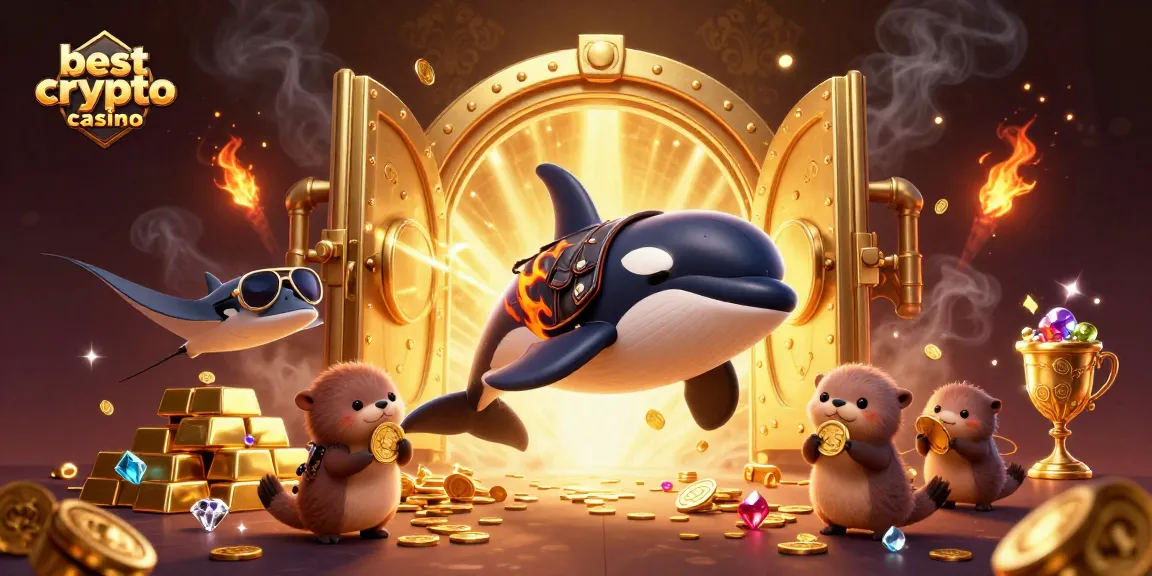 Jouez aux meilleures crypto casinos avec une scène vibrante rassemblant une orque, un raie, et des loutres dorant des pièces.