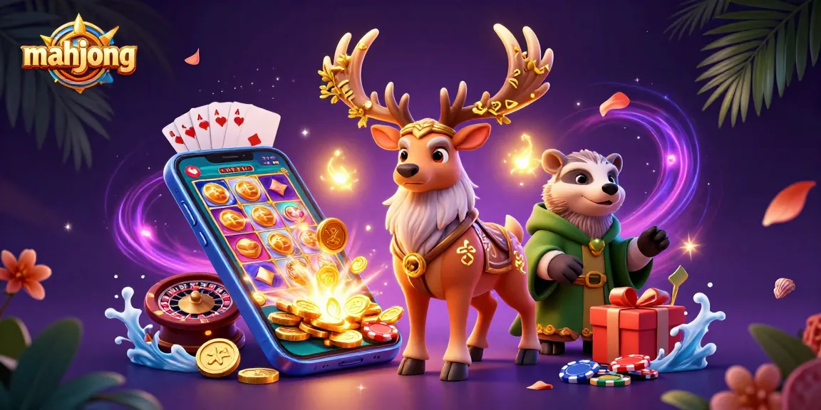 Play mahjong with a vibrant 3D casino illustration showcasing colorful slot games and magical characters.