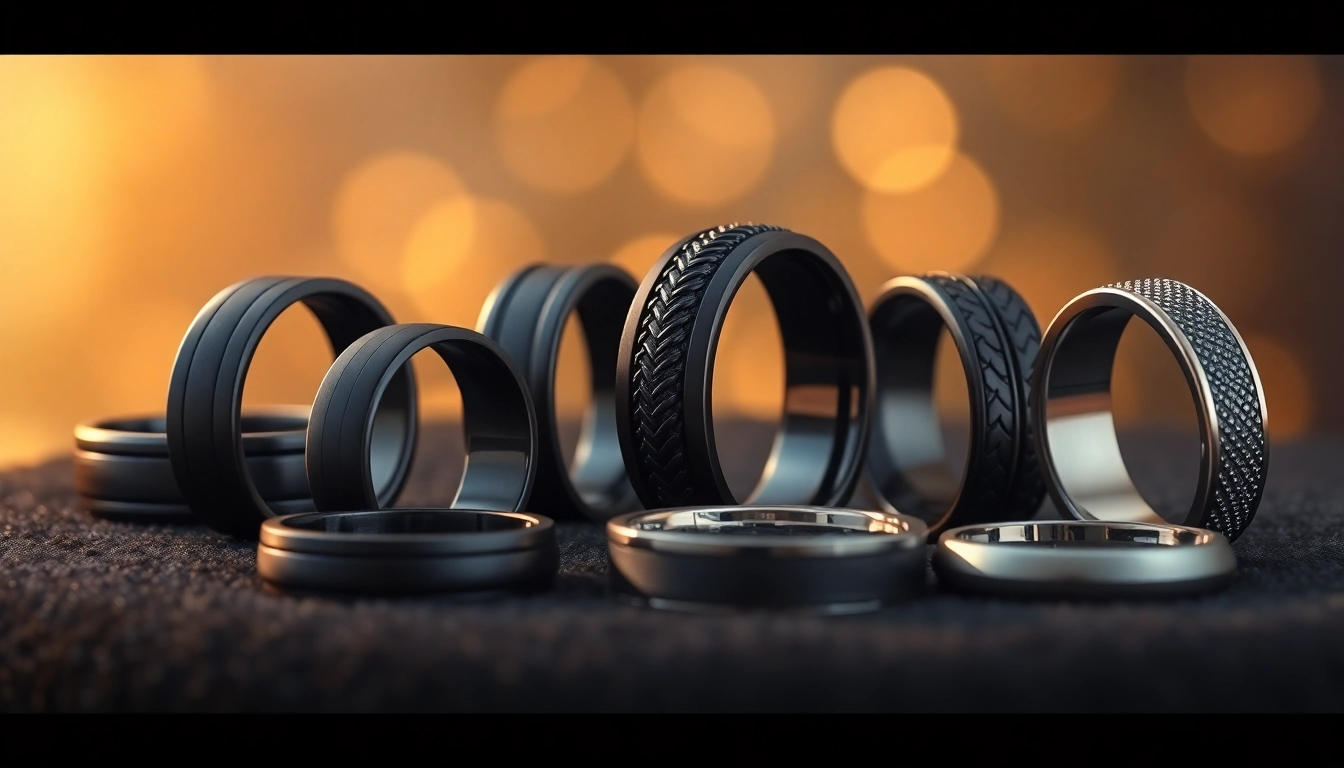 Showcase of stylish black wedding rings for men with diverse designs and textures.