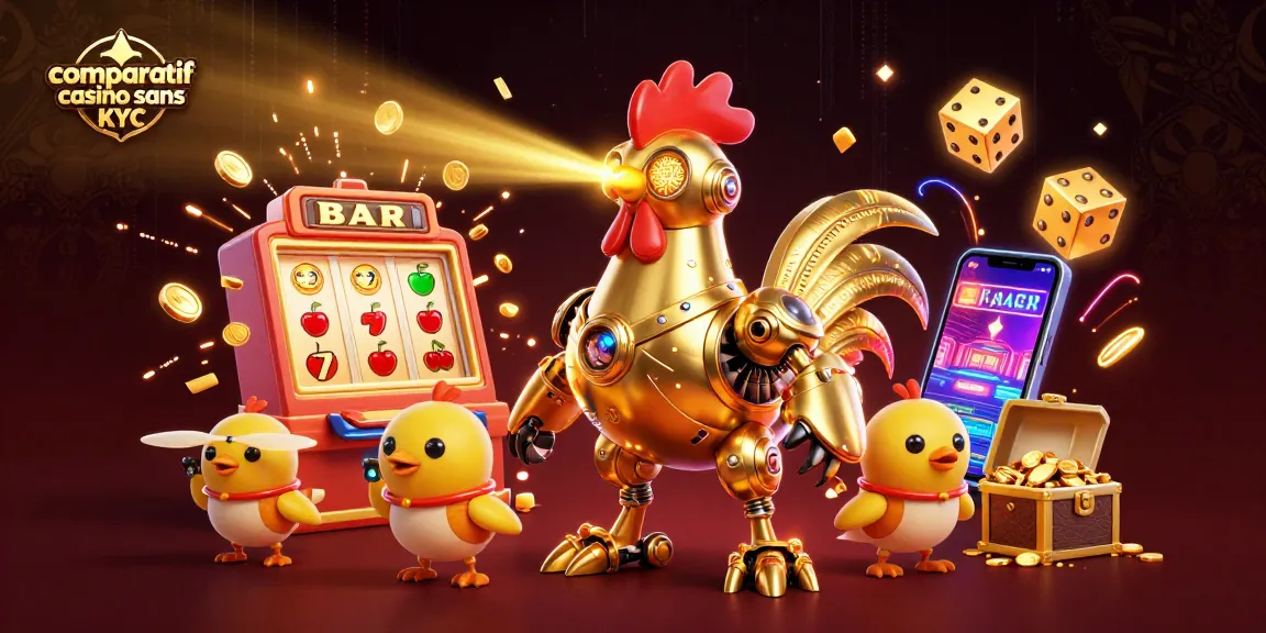 Comparatif casino sans KYC : robot coq futuriste entouré d'éléments de jeu dynamique et illimité.