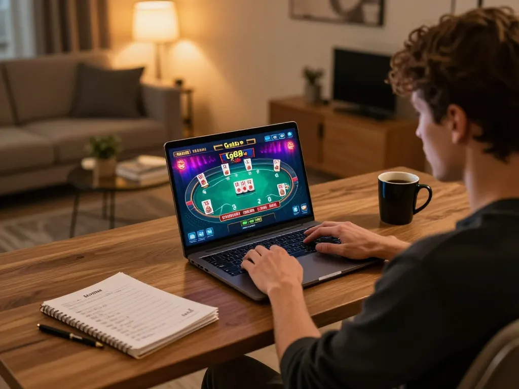 Engaging player on tg88 vip setup showcasing online casino interface and personal gaming strategy notes