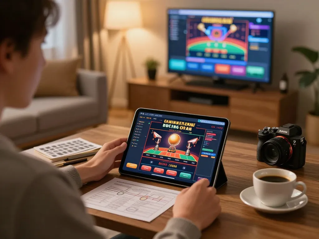 Engaged player enjoying casino online americani on a tablet with strategy notes nearby