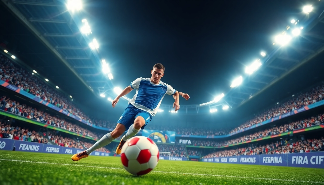 FIFA piłkarz dryblujący na boisku, intensywne światła stadionu w tle.