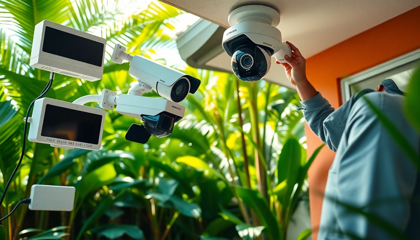 Instalación de cámaras de videovigilancia avanzadas por una empresa de seguridad en un entorno doméstico tropical
