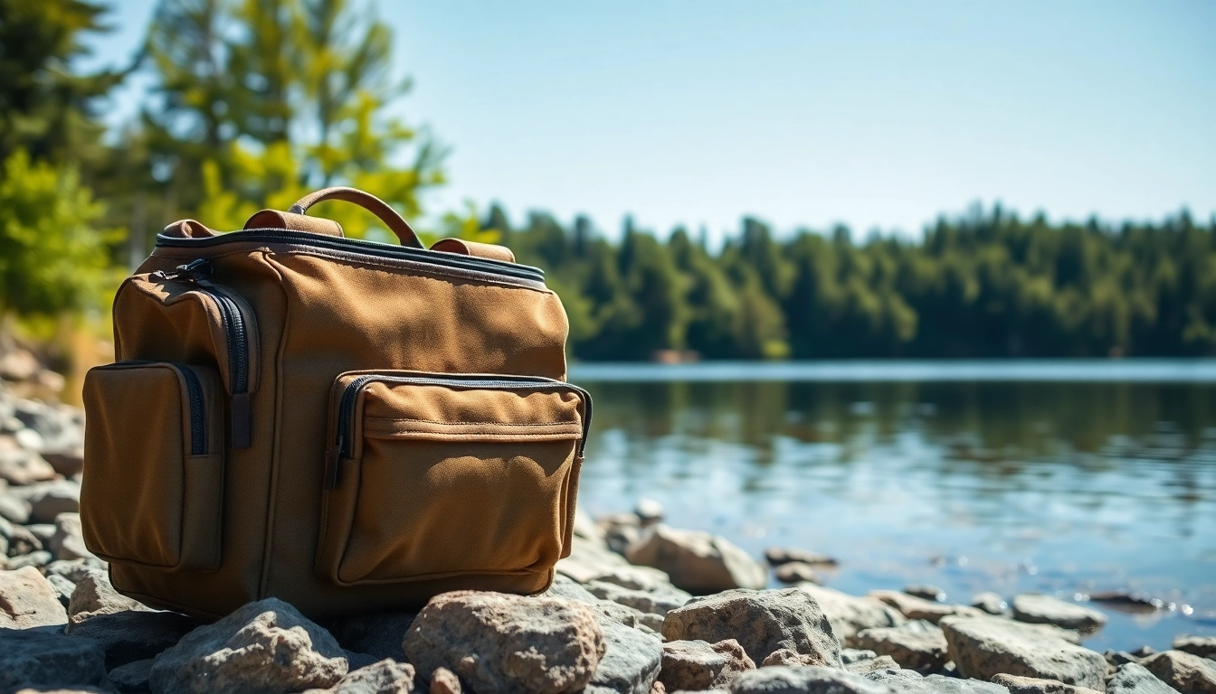 Man using a durable fly fishing bag while enjoying a scenic lakeside view.