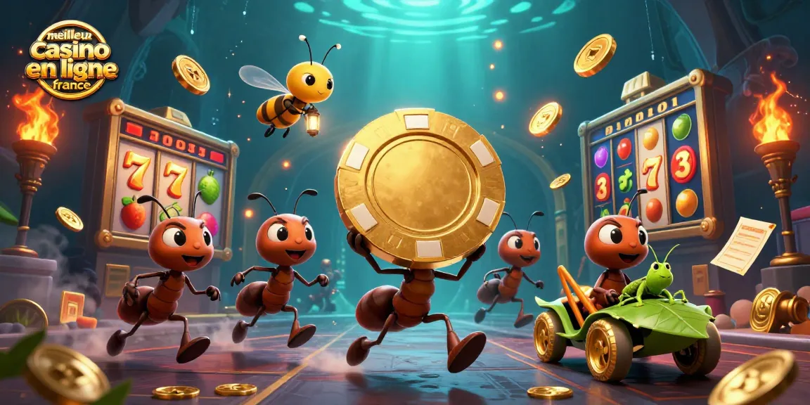 Illustration 3D animée mettant en scène le meilleur casino en ligne France avec des fourmis transportant un jeton de poker doré dans un tunnel.