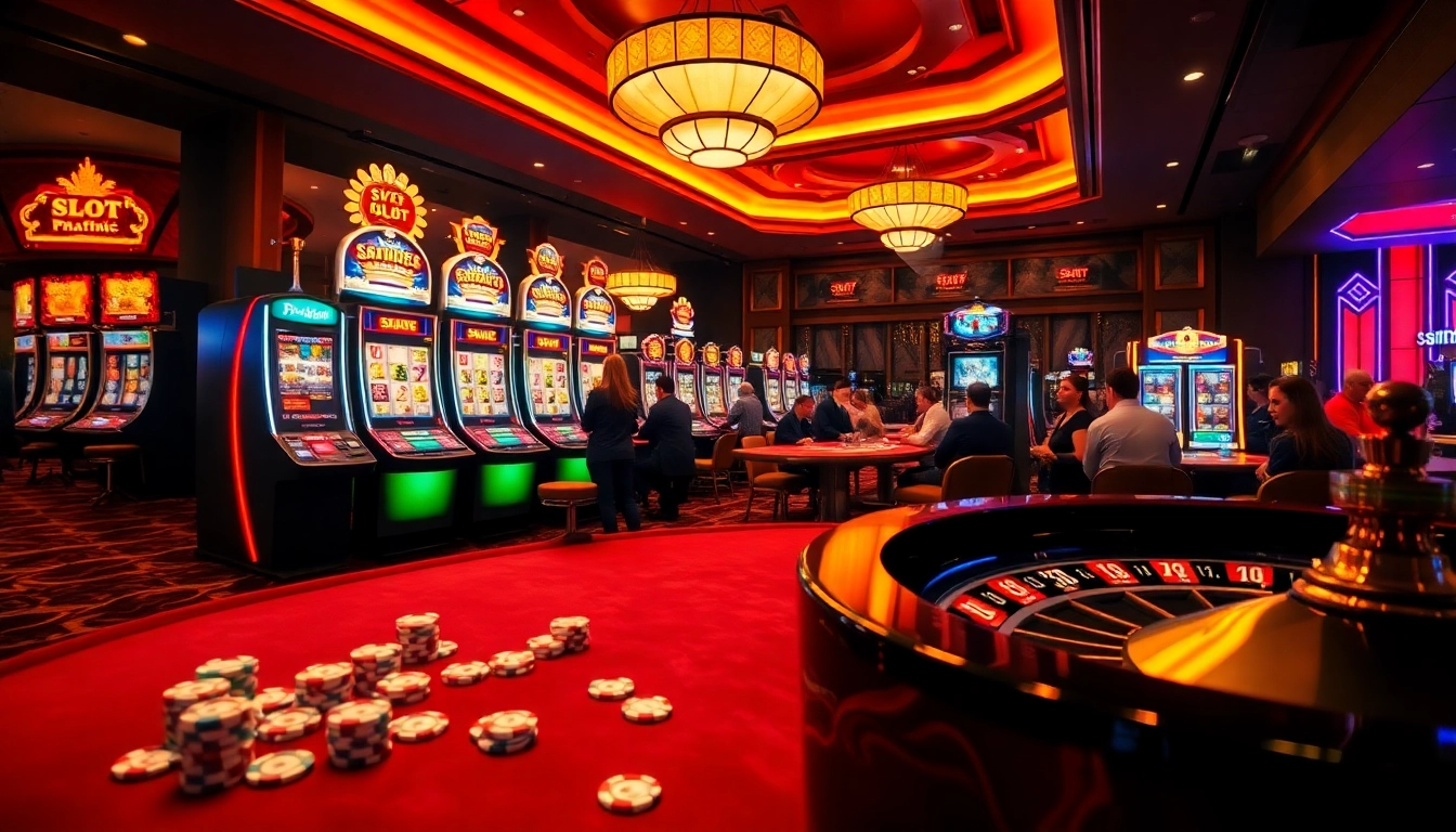 Engaged players enjoying vibrant slot pragmatic machines in a luxurious casino setting.