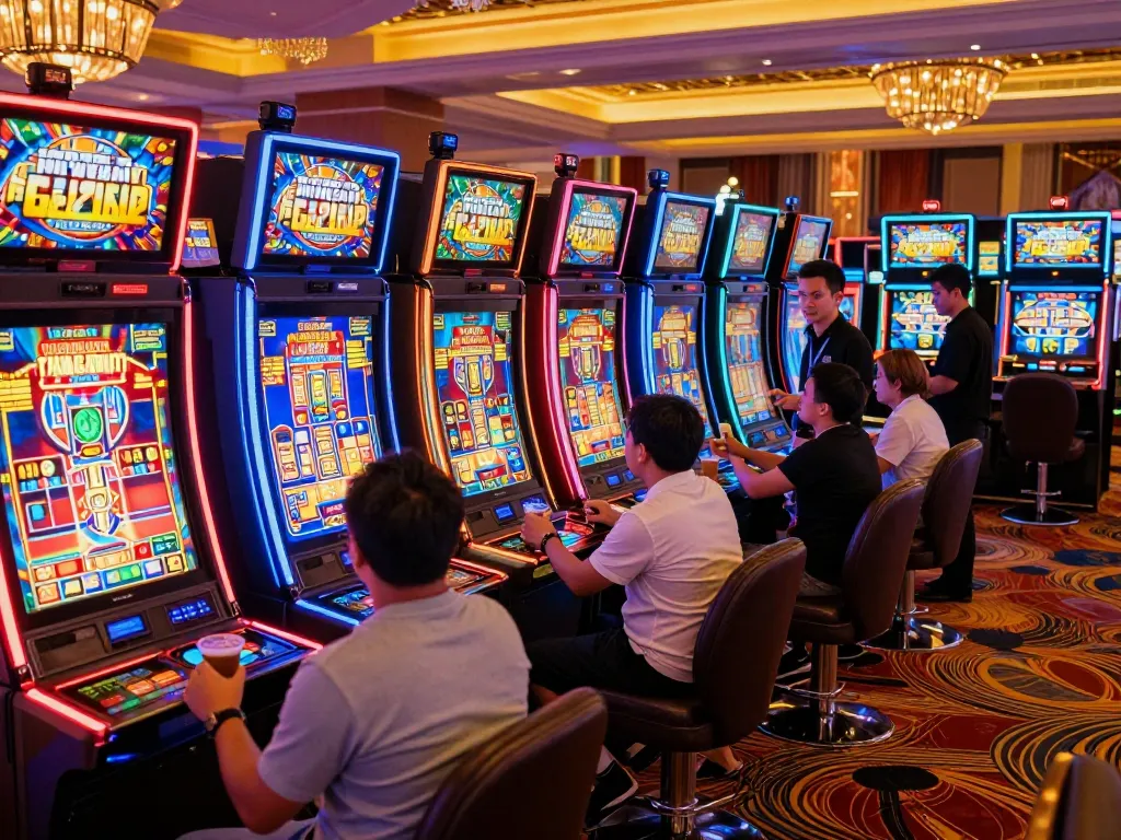 Players enjoying F168 slot machines with bright lights and lively atmosphere