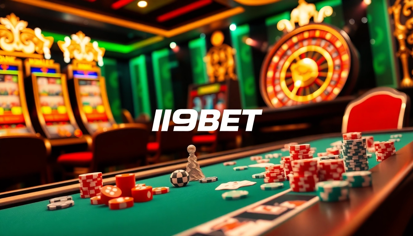 Engage in thrilling gaming experiences at I9BET with modern casino tables, cards, and vibrant slot machines.