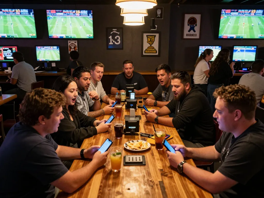 Exciting sports betting scene showcasing patrons engaged with mobile apps, enhancing their Giới Thiệu Website experience