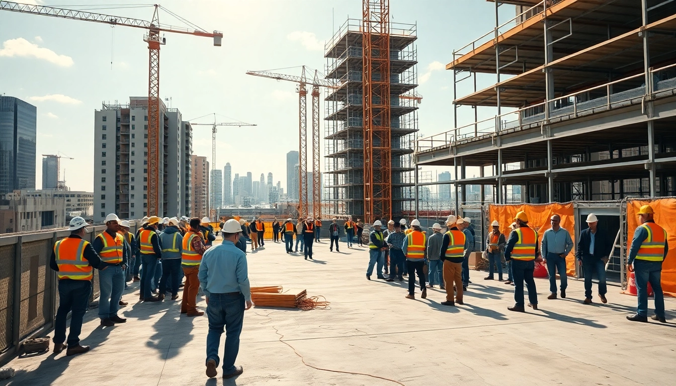Austin construction team collaborating on a busy site, highlighting teamwork and urban development.