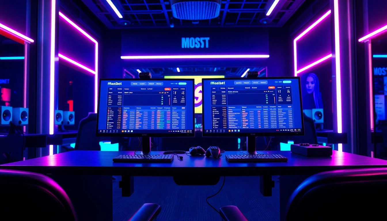 Mostbet reyler platform displayed on dual monitors in a modern gaming setup.