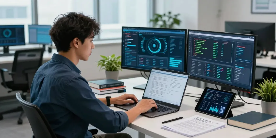 Cybersecurity expert analyzing security protocols on shs-dome5.com in a modern tech office.