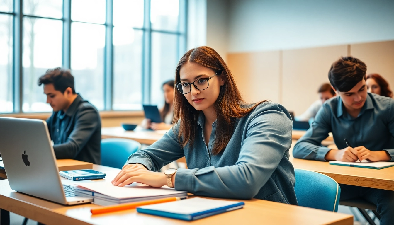 Pay someone to take TOEFL exam in a modern classroom setting, showcasing focused study.