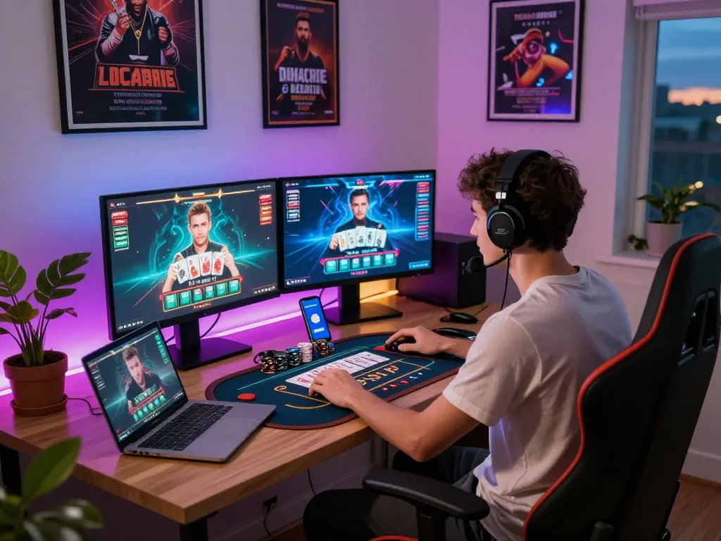 Exciting online baccarat gaming scene in modern home office showcasing immersive gameplay on multiple devices.
