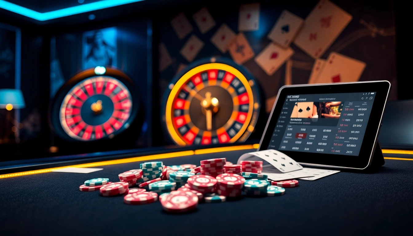 Visualisez l'excitation du casino en ligne français avec des éléments de jeu vibrants tels que la roulette, les jetons de poker et les bulletins de pari.