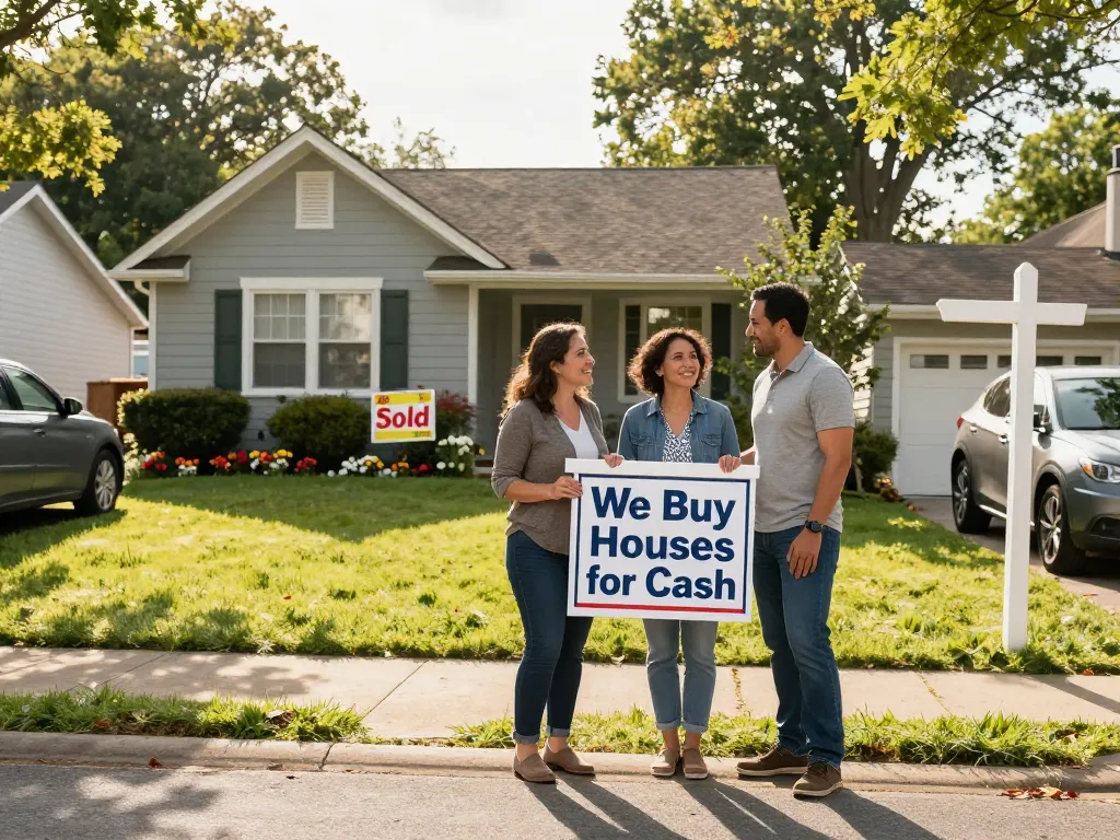 We buy houses for cash sign in front of a charming home with a friendly agent and satisfied homeowner in a sunny neighborhood.