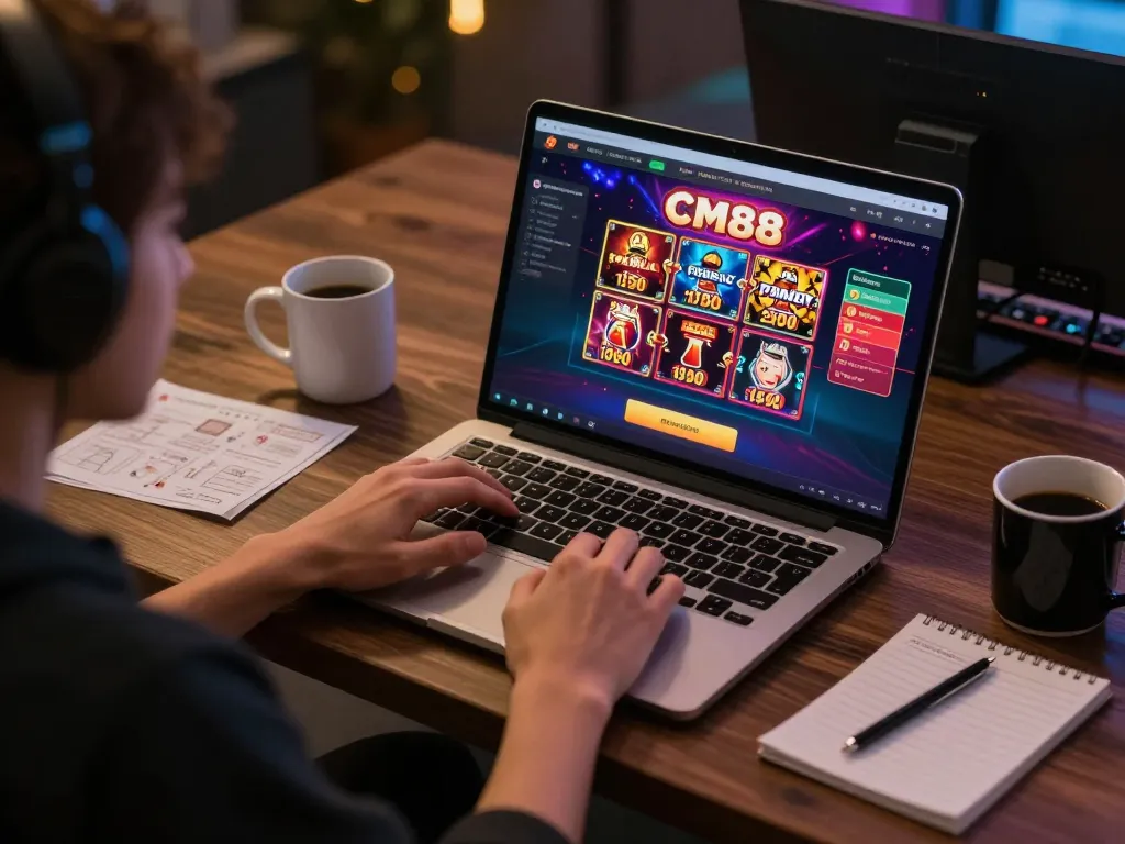 Engaging in online gameplay at CM88 with immersive graphics and warm lighting